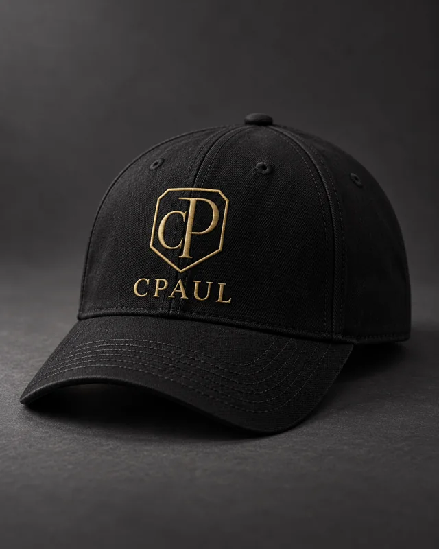 Gorra negra con emblema CPAUL bordado en el frente